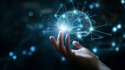 illustration of a hand showing a human brain in a hologram - obrazy, fototapety, plakaty