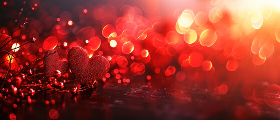 Fototapeta na wymiar Sparkling red hearts and glowing bokeh on a dark backdrop. Valentine's Day background.