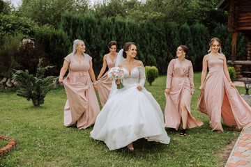 A brunette bride and her bridesmaids in identical pink dresses are walking against the background...