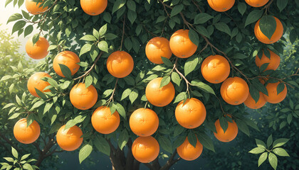 A vibrant collection of ripe oranges hanging from branches in a lush garden, showcasing a colorful array of fresh, organic fruits 