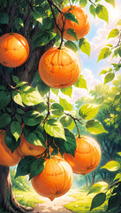 A vibrant collection of ripe oranges hanging from branches in a lush garden, showcasing a colorful array of fresh, organic fruits 