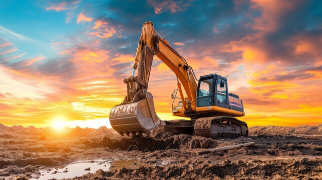 Excavator in construction site on sunset sky background