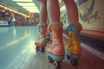 Close-up view on foots in rolls on roller rink - 725410904