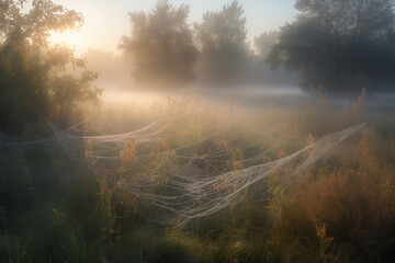 the peaceful charm of a misty morning in a dew-kissed meadow, with delicate spider webs glistening in the first light.