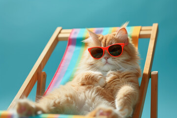 A whimsical, cartoon cat donning sunglasses, reclining on a deck chair