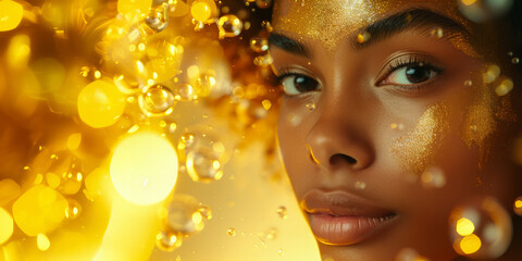 Obraz na płótnie Canvas A beautiful black woman portrait with gold hydrating serum molecules structure on the face, light background. Skincare and beauty concept.
