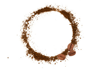 Coffee powder and coffee beans isolated on white background