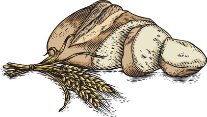 Drawing of white bread and wheat spikelets