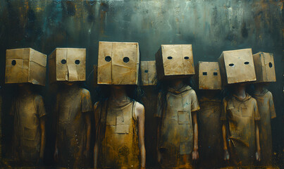 Group of people with cardboard boxes on their heads, standing against a moody, dark background.