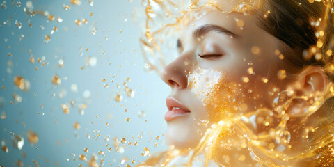 A beautiful woman portrait with gold hydrating serum molecules structure on the face, light background. Skincare and beauty concept. - obrazy, fototapety, plakaty