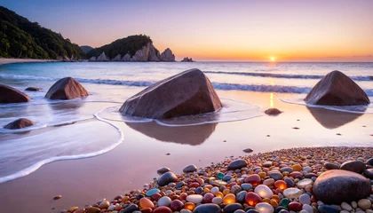 Fototapeten Evening Serenity by the Seashore: A picturesque sunset on the beach, where the sun gently kisses the horizon, casting warm hues across the sky and reflecting upon the calm waves © Jirut