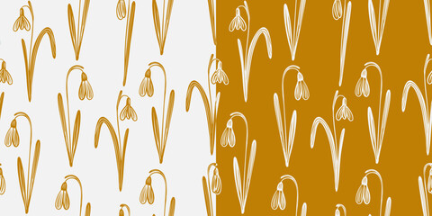 Flower seamless pattern with snowdrop. Spring graphic floral background in vintage style