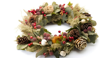 christmas wreath isolated on white,Christmas wreath with red shiny beads with flowers of cotton, Christmas arrangement of natural fir branches. Stacked circle on a white background. Christmas wreath