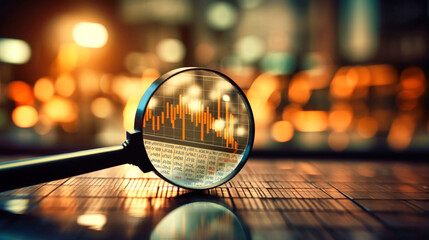 Hand Holding Magnifying Glass Over Chart, Market Research in Action. Business Control over quotes and shares. Market research. Trader.