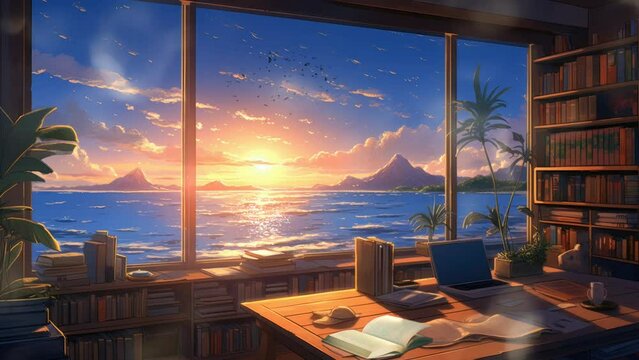 Enchanting reading room with table, chairs, books with beautiful sea view from the window. Cartoon or Japanese anime watercolor illustration painting style. seamless looping 4K virtual video animation
