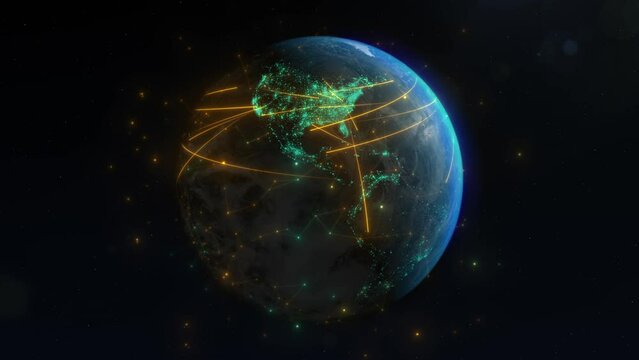 A captivating image of the Earth from space. Glow of satellites. Planet rotates gracefully. Visualization of Internet, global networks, data transferring, shipping, trade connections, or fly routes.