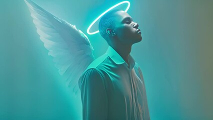 Young fashionable man with halo and wings. Angel with wings behind his back and a halo above head glowing. Super power idea, self development, success and freedom concept green background silhouette