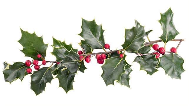 Holly Branch With Red Berries and Green Leaves