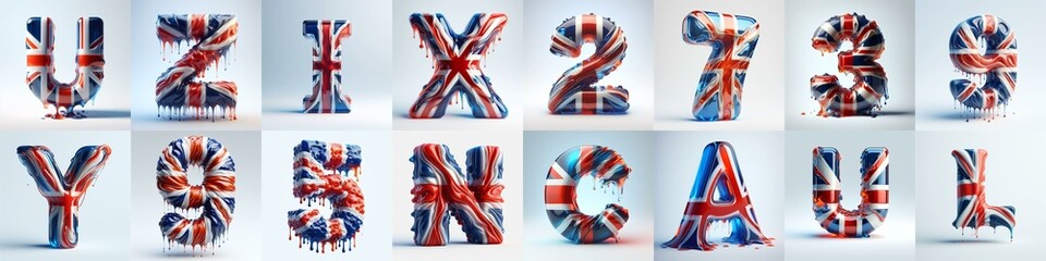 Glasss letters in color of United Kingdom flag. AI generated illustration - obrazy, fototapety, plakaty