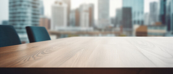 Wooden table corporate office bokeh background, empty wood desk surface product display mockup with blurry abstract business city view work backdrop advertising presentation. Mock up, copy space . - obrazy, fototapety, plakaty
