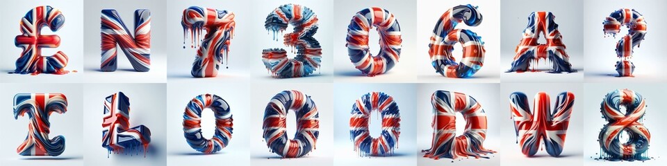 Glasss letters in color of United Kingdom flag. AI generated illustration