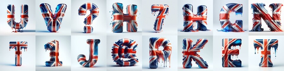 Glasss letters in color of United Kingdom flag. AI generated illustration - obrazy, fototapety, plakaty