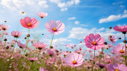 pink cosmos flowers against blue sky