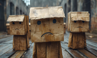 Three cardboard figures with drawn faces in an abandoned setting, conveying a concept of loneliness or abandonment.