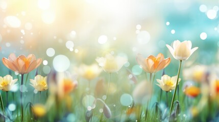 Spring flowers background with bokeh effect. Beautiful nature scene.