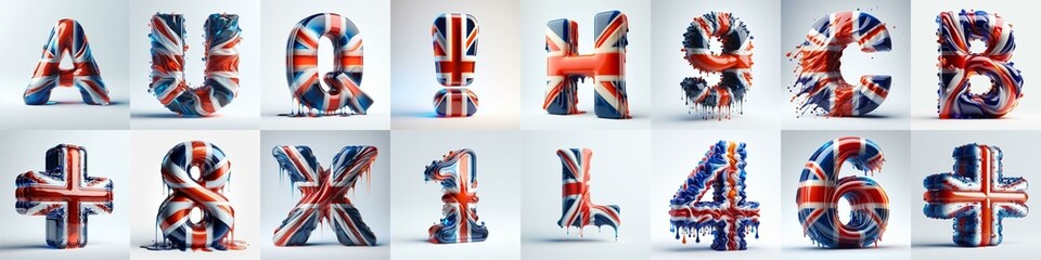 Glasss letters in color of United Kingdom flag. AI generated illustration