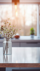 Wooden kitchen home table bokeh background, empty wood desk tabletop food counter surface product display mockup with blurry cafe abstract backdrop advertising presentation. Mock up, copy space .