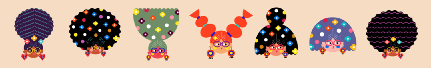 Set of various women characters. Vector bright colourful collection with women's faces for holiday Women's day. Characters design for 8th march, women's day.