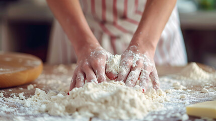 Obraz na płótnie Canvas Woman hands kneads dough