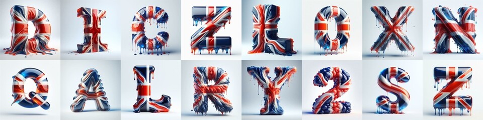 Glasss letters in color of United Kingdom flag. AI generated illustration