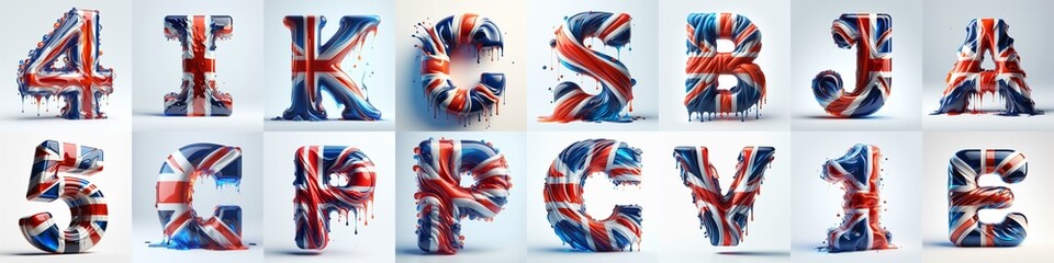 Glasss letters in color of United Kingdom flag. AI generated illustration