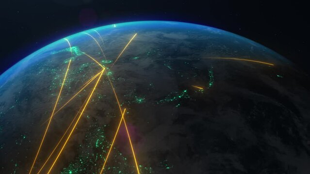 As the Earth rotates, a series of golden lines symbolizes the intricate web of worldwide networks. Data transfer, cargo routes, commerce linkages, and flight paths come to life.