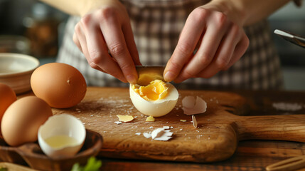 Obraz na płótnie Canvas Woman peeling boiled egg