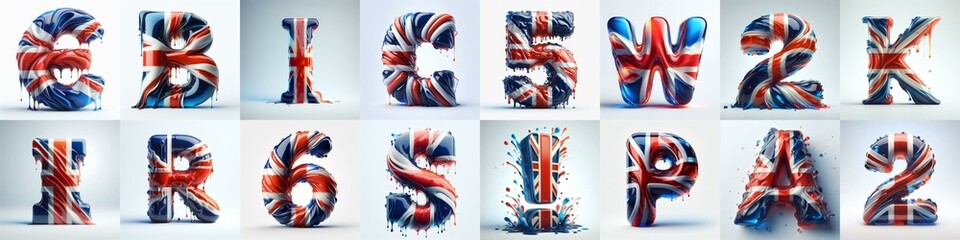 Glasss letters in color of United Kingdom flag. AI generated illustration