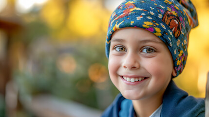 Portrait of smiling  boy with headscarf. Childhood leukemia concept