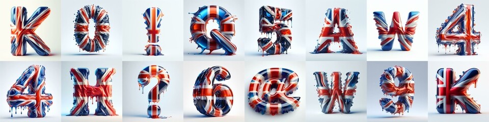 Glasss letters in color of United Kingdom flag. AI generated illustration