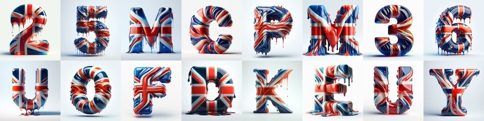 Glasss letters in color of United Kingdom flag. AI generated illustration