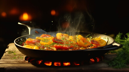 
Sizzling Food in a Frying Pan, Cooking Delicious Meal in a Skillet, Chef's Frying Pan with Tasty Dish, Culinary