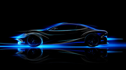 Side view blue neon glowing high speed car silhouette