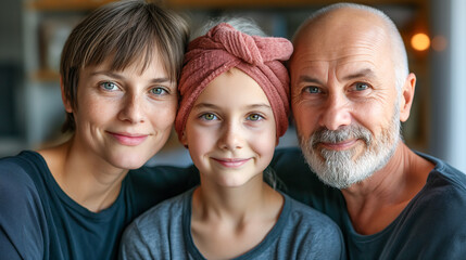 Portrait of smiling girl with headscarf next to her parents. Childhood leukemia concept