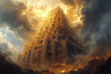 illustration of the Tower of Babel from the Old Testament, Bible - obrazy, fototapety, plakaty