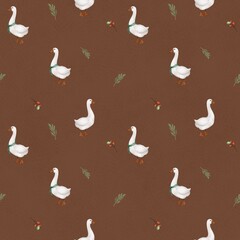 Watercolor illustration of a white goose wrapped in a scarf in a spring landscape seamless pattern creates a gentle image perfect for home decor