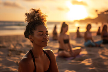 Group of women doing yoga on a beach