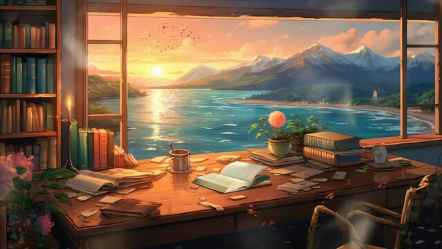 Cozy reading room with table, chairs, books with beautiful sea view from the window. Cartoon or anime watercolor illustration painting style. seamless looping 4K virtual video animation background
