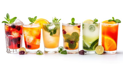 Alcohol Cocktail Mocktail. Many assorted different range types isolated on white background cutout. - obrazy, fototapety, plakaty