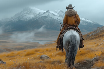A horseman on a horse rides in a mountainous area